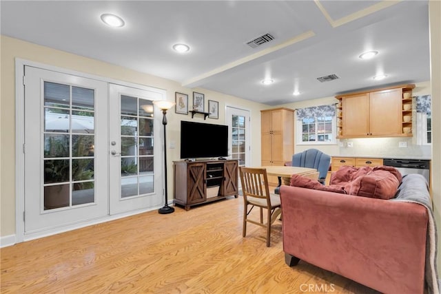 2309 E Glenoaks Blvd, Glendale, CA 91206 - living area with french doors, light wood-style flooring, beamed ceiling, and recessed lighting