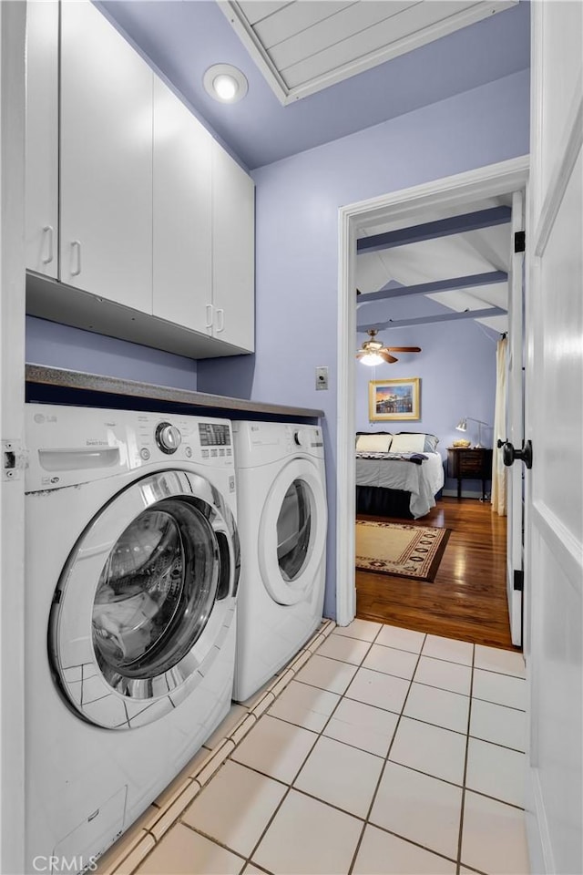 2309 E Glenoaks Blvd, Glendale, CA 91206 - laundry room with independent washer and dryer, cabinet space, light tile patterned flooring, ceiling fan, and recessed lighting