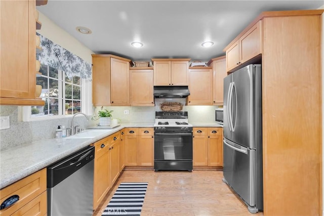 2309 E Glenoaks Blvd, Glendale, CA 91206 - kitchen featuring appliances with stainless steel finishes, under cabinet range hood, light brown cabinets, light countertops, and recessed lighting