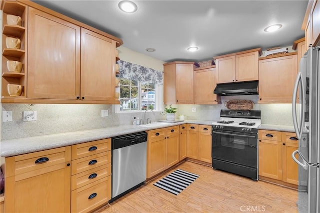 2309 E Glenoaks Blvd, Glendale, CA 91206 - kitchen with appliances with stainless steel finishes, under cabinet range hood, light brown cabinetry, and light wood-type flooring