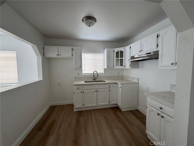 9815 Holmes Ave Unit 2, Los Angeles, CA 90002 - kitchen with under cabinet range hood, white cabinetry, dark wood-style floors, light countertops, and glass insert cabinets