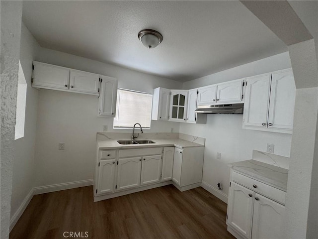 9815 Holmes Ave Unit 2, Los Angeles, CA 90002 - kitchen featuring under cabinet range hood, dark wood-style flooring, white cabinetry, and light countertops