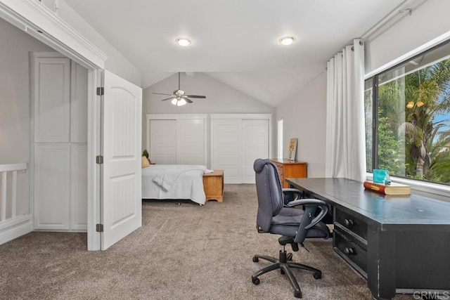 856 Oro Grande St, Oceanside, CA 92057 - carpeted bedroom with vaulted ceiling, an office area, multiple closets, and a ceiling fan