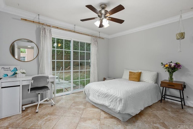 856 Oro Grande St, Oceanside, CA 92057 - bedroom featuring ornamental molding, an office area, access to exterior, baseboards, and ceiling fan
