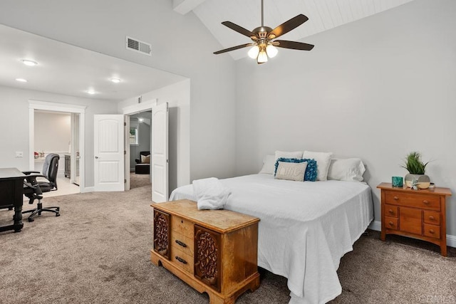 856 Oro Grande St, Oceanside, CA 92057 - bedroom with carpet, beamed ceiling, an office area, high vaulted ceiling, and ceiling fan