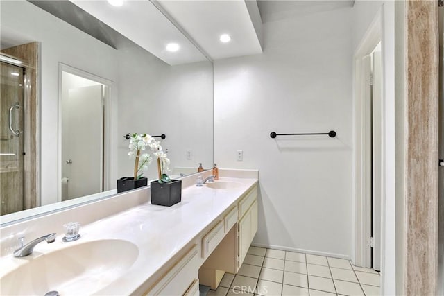 6001 E Montefino Ln, Anaheim Hills, CA 92807 - bathroom with tile patterned floors, double vanity, a shower stall, baseboards, and recessed lighting