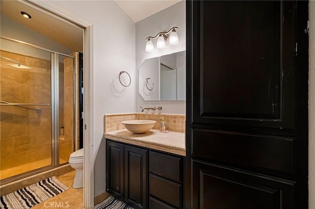 13 Avante Way, Chico, CA 95973 - full bathroom featuring toilet, a stall shower, vanity, tile patterned floors, and lofted ceiling