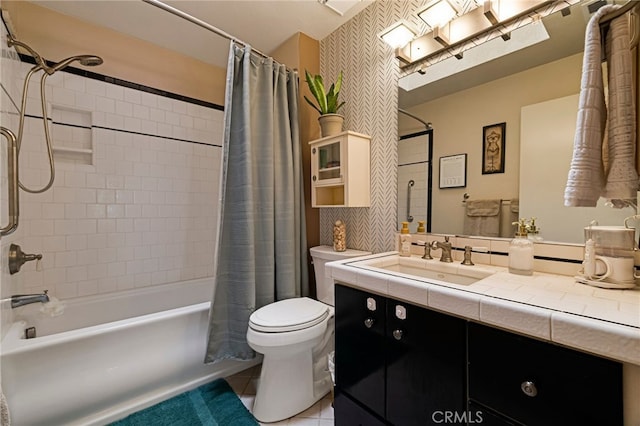 13 Avante Way, Chico, CA 95973 - bathroom with vanity, toilet, shower / bath combination with curtain, tile patterned floors, and wallpapered walls