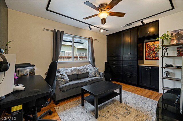 13 Avante Way, Chico, CA 95973 - living area with track lighting, light wood-style floors, a ceiling fan, and an office area