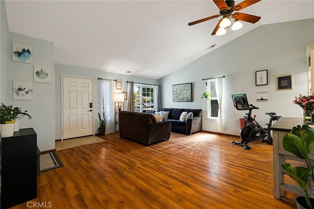 13 Avante Way, Chico, CA 95973 - living area with wood finished floors, vaulted ceiling, ceiling fan, and baseboards