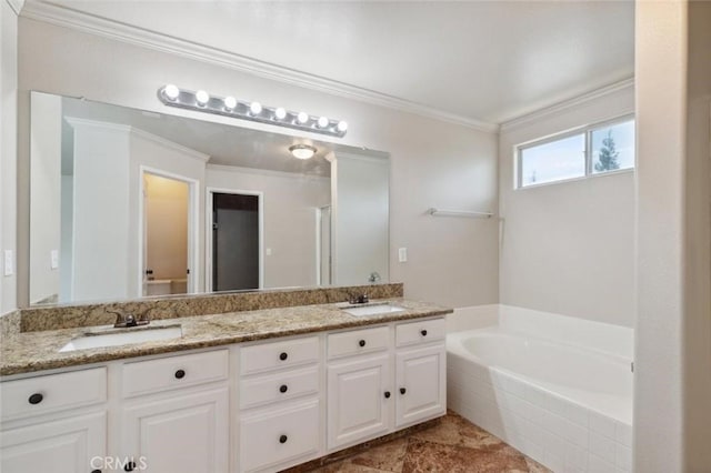 7538 N Erie Ave, Fresno, CA 93722 - full bath featuring double vanity, a bath, crown molding, and an enclosed shower