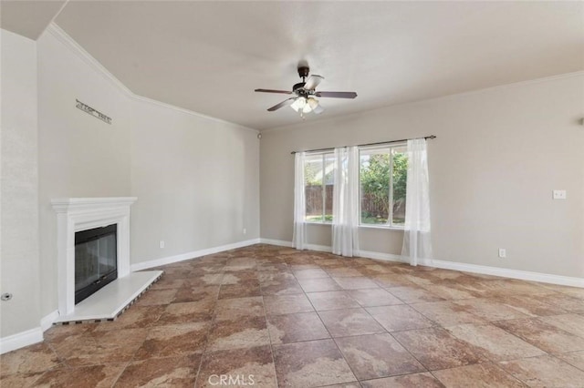 7538 N Erie Ave, Fresno, CA 93722 - unfurnished living room featuring a ceiling fan, ornamental molding, a glass covered fireplace, and baseboards