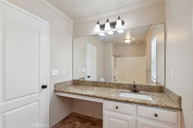 7538 N Erie Ave, Fresno, CA 93722 - bathroom with ornamental molding, vanity, and a shower