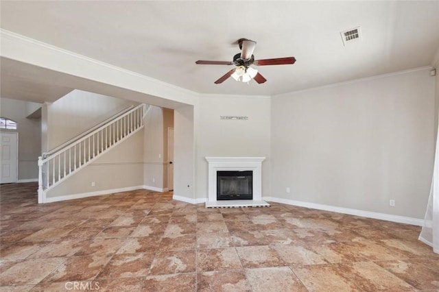 7538 N Erie Ave, Fresno, CA 93722 - unfurnished living room with stairway, a ceiling fan, ornamental molding, baseboards, and a glass covered fireplace
