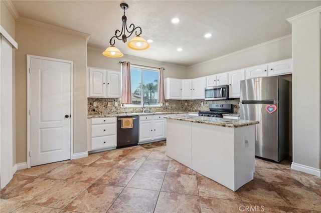 7538 N Erie Ave, Fresno, CA 93722 - kitchen with appliances with stainless steel finishes, crown molding, light stone countertops, tasteful backsplash, and hanging light fixtures