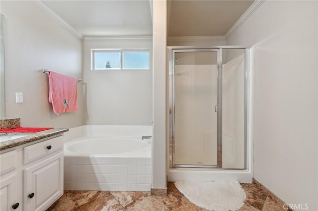 7538 N Erie Ave, Fresno, CA 93722 - full bathroom with vanity, ornamental molding, a shower stall, and a bath