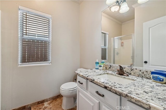 7538 N Erie Ave, Fresno, CA 93722 - full bath with crown molding, vanity, healthy amount of natural light, a stall shower, and tile patterned flooring