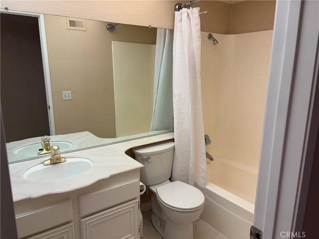 7950 Gardenia, Rancho Cucamonga, CA 91701 - bathroom featuring toilet, vanity, shower / tub combo with curtain, and tile patterned floors