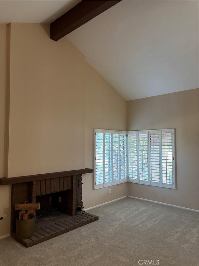 7950 Gardenia, Rancho Cucamonga, CA 91701 - unfurnished living room with baseboards, carpet flooring, beam ceiling, and high vaulted ceiling