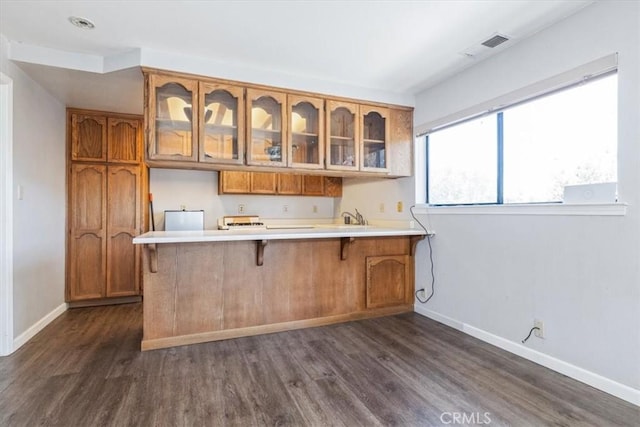 12355 Santa Ana Rd, Atascadero, CA 93422 - kitchen with dark wood-type flooring, brown cabinetry, and baseboards
