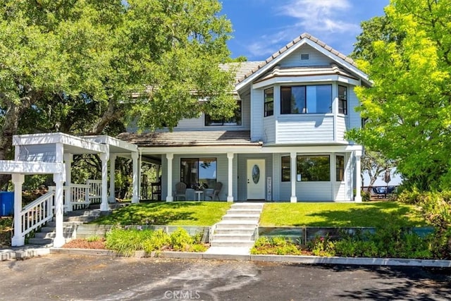 12355 Santa Ana Rd, Atascadero, CA 93422 - view of front of home with a porch, a front lawn, stairs, and a tiled roof