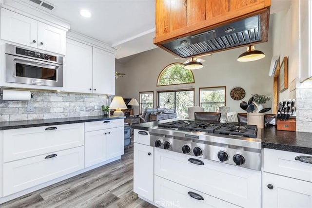 12355 Santa Ana Rd, Atascadero, CA 93422 - kitchen featuring island range hood, appliances with stainless steel finishes, decorative backsplash, white cabinets, and light wood-type flooring