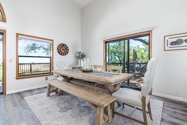 12355 Santa Ana Rd, Atascadero, CA 93422 - dining area with a high ceiling, wood finished floors, and baseboards