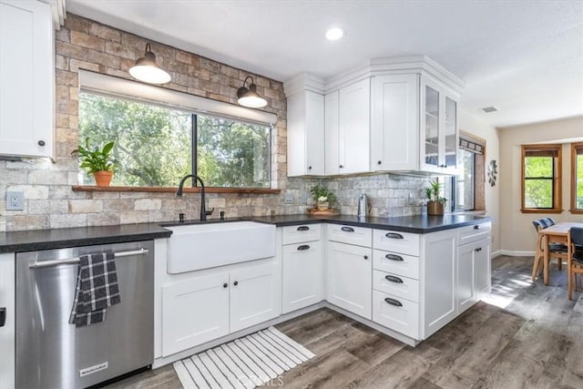 12355 Santa Ana Rd, Atascadero, CA 93422 - kitchen featuring dishwasher, a sink, decorative backsplash, dark wood-style flooring, and white cabinets