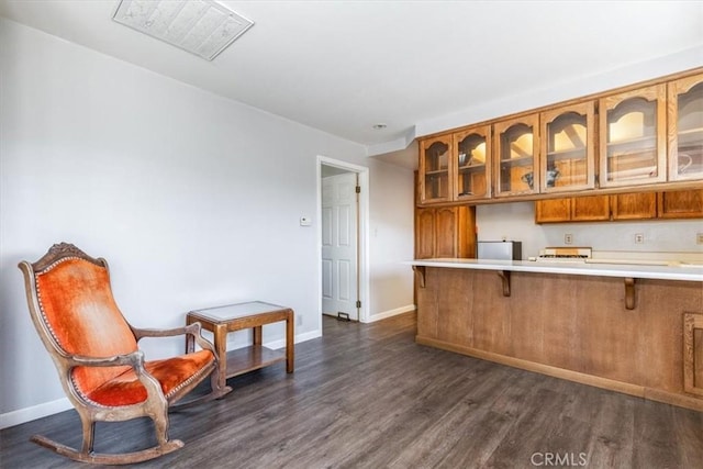 12355 Santa Ana Rd, Atascadero, CA 93422 - kitchen with brown cabinetry, a kitchen bar, light countertops, glass insert cabinets, and dark wood-type flooring
