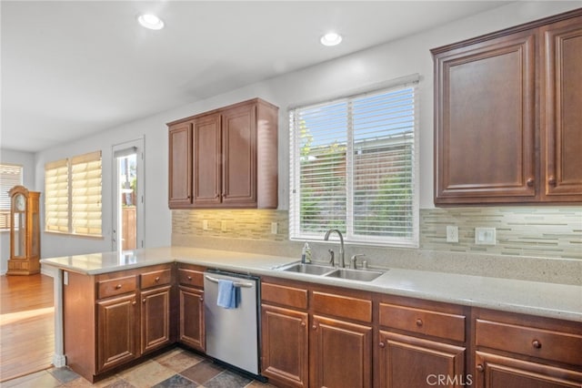 211 Furyk Way, Hemet, CA 92545 - kitchen with dishwasher, a peninsula, light countertops, tasteful backsplash, and recessed lighting