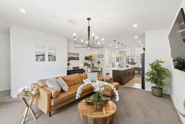 1836 Mesquite, Oceanside, CA 92056 - living area featuring a chandelier, light carpet, baseboards, and recessed lighting