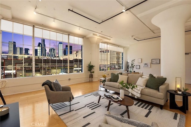 420 S San Pedro St Unit 211, Los Angeles, CA 90013 - living area with a view of skyline, wood finished floors, and plenty of natural light