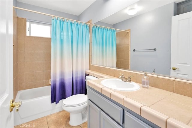 1679 Desert Front Rd, Wrightwood, CA 92397 - full bathroom with vanity, tile patterned flooring, shower / bathtub combination with curtain, and toilet
