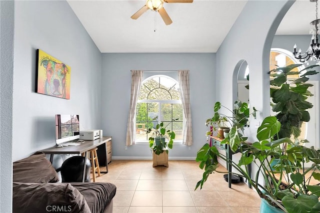 1679 Desert Front Rd, Wrightwood, CA 92397 - office featuring healthy amount of natural light, baseboards, ceiling fan, and light tile patterned floors