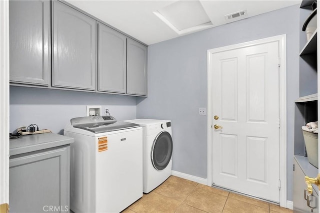 1679 Desert Front Rd, Wrightwood, CA 92397 - laundry room with cabinet space, separate washer and dryer, light tile patterned flooring, and baseboards