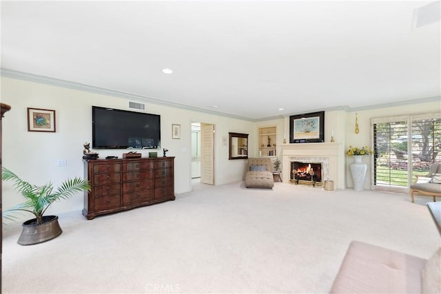 19043 Citronia St, Northridge, CA 91324 - living area featuring ornamental molding, carpet floors, a premium fireplace, and recessed lighting