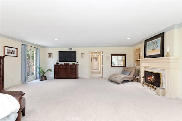 19043 Citronia St, Northridge, CA 91324 - carpeted living room with ornamental molding, a fireplace, and recessed lighting