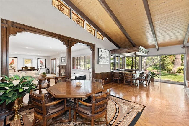 19043 Citronia St, Northridge, CA 91324 - dining space featuring a wainscoted wall, recessed lighting, and wooden ceiling