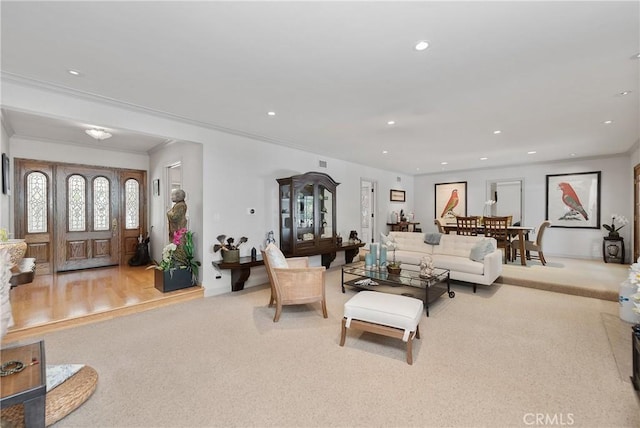 19043 Citronia St, Northridge, CA 91324 - living area featuring crown molding, recessed lighting, and carpet floors