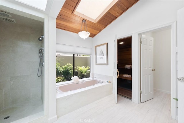 19043 Citronia St, Northridge, CA 91324 - full bath with lofted ceiling, wooden ceiling, a bath, and a tile shower