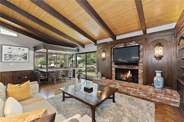 19043 Citronia St, Northridge, CA 91324 - living area with wood ceiling, a brick fireplace, wooden walls, and wainscoting