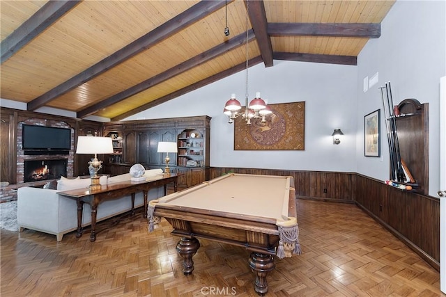 19043 Citronia St, Northridge, CA 91324 - playroom with a wainscoted wall, a wooden ceiling with exposed beams, pool table, wooden walls, and high vaulted ceiling