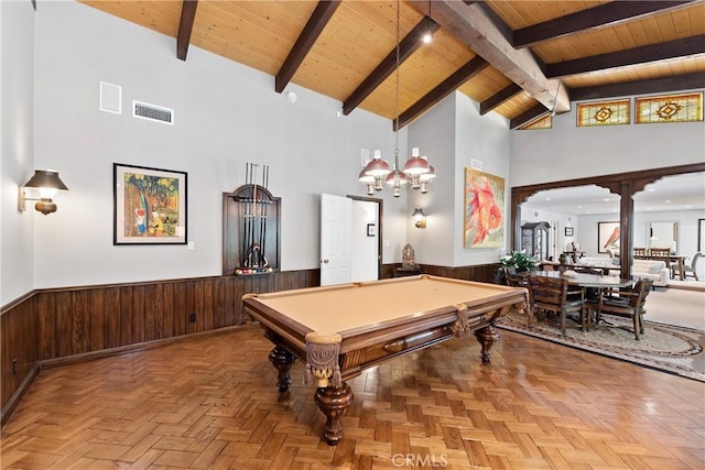 19043 Citronia St, Northridge, CA 91324 - recreation room with a wooden ceiling with exposed beams, a wainscoted wall, high vaulted ceiling, billiards, and wood walls