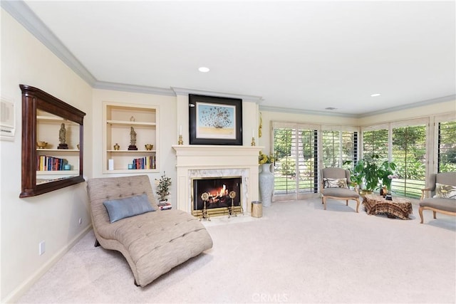 19043 Citronia St, Northridge, CA 91324 - living area with ornamental molding, carpet flooring, a high end fireplace, built in shelves, and recessed lighting