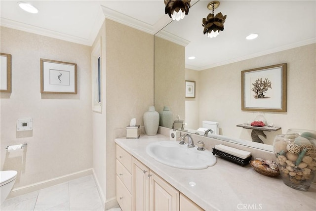 19043 Citronia St, Northridge, CA 91324 - bathroom with vanity, ornamental molding, and recessed lighting