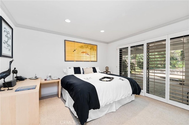 19043 Citronia St, Northridge, CA 91324 - carpeted bedroom featuring access to outside, recessed lighting, and ornamental molding