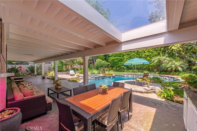 19043 Citronia St, Northridge, CA 91324 - view of patio / terrace with outdoor dining space, a pool with connected hot tub, and an outdoor hangout area