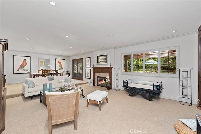 19043 Citronia St, Northridge, CA 91324 - carpeted living room featuring plenty of natural light, ornamental molding, recessed lighting, and a fireplace