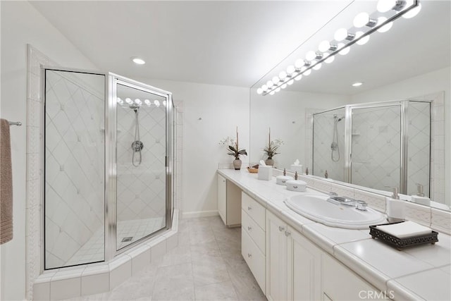 19043 Citronia St, Northridge, CA 91324 - bathroom featuring vanity, a stall shower, recessed lighting, and tile patterned floors