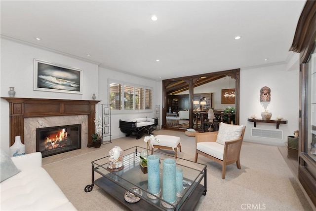 19043 Citronia St, Northridge, CA 91324 - living room featuring a high end fireplace, recessed lighting, light carpet, and crown molding